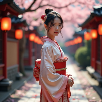 AI-generated photo: Fashion editorial photography, a traditional kimono portrait staged during cherry blossom season alo...
