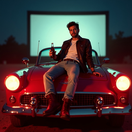 AI-generated photo: Photorealistic 1950s-style drive-in theater portrait staged on the hood of a cherry-red convertible,...