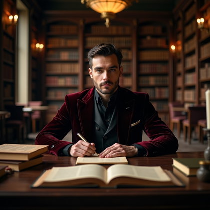 Dark Academia Library Poet Portrait example: Photorealistic editorial hero portrait photography. Centered symmetrical composition at a long antique library table, th