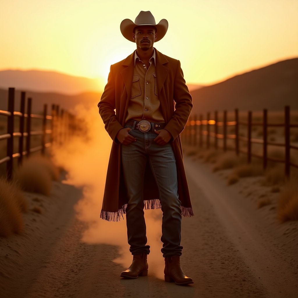 AI-generated photo: Fashion editorial photography, a dramatic sunset cowboy fashion concept staged on a quiet dirt trail...