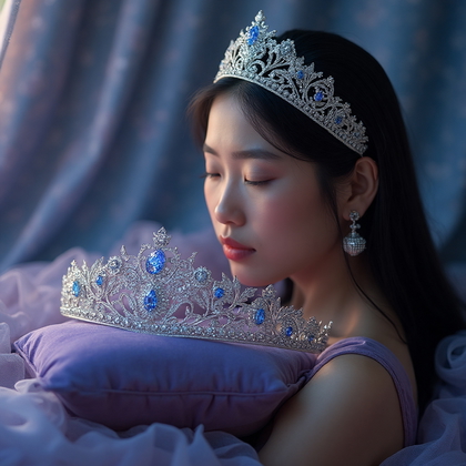 AI-generated photo: Cosplay accessory close-up featuring an ornate, celestial-themed tiara. The tiara is crafted from sh...