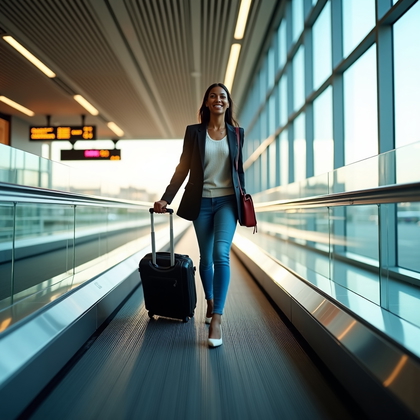 AI-generated photo: Photorealistic travel lifestyle photography: glass-walled airport concourse flooded with directional...