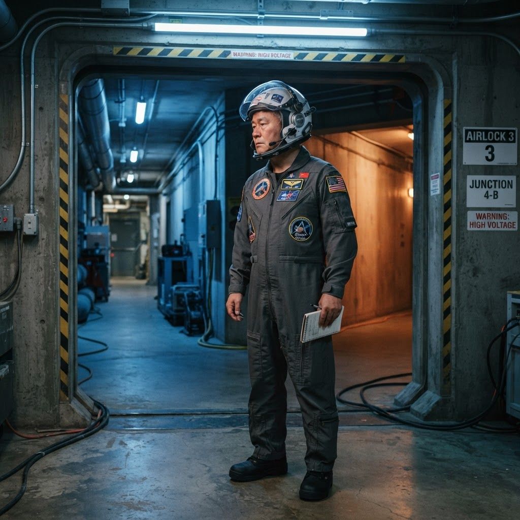 Astronaut in a Concrete Corridor: Centered full-body portrait at the junction of two concrete corridors, framed by a heavy industrial doorway.