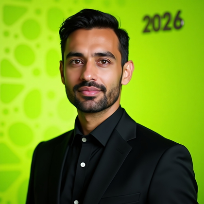 AI-generated photo: Professional headshot: high-saturation lime green seamless with tone-on-tone geometric arcs and a fa...