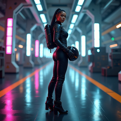 AI-generated photo: Photorealistic full-body scene of a futuristic space pilot in a dimly lit hangar standing on a refle...