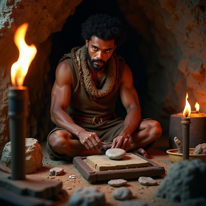 AI-generated photo: Photorealistic cave interior portrait lit by torches and ember glow, showing a flint knapper seated ...
