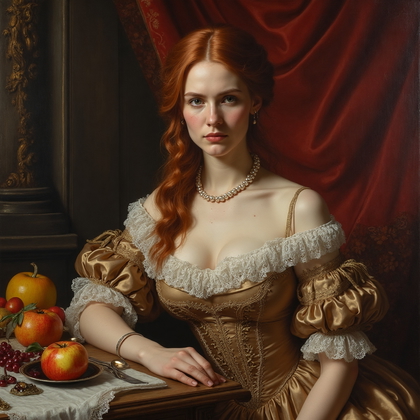 AI-generated photo: Baroque oil painting. An intense tableau is staged within a lavishly decorated chamber, complete wit...