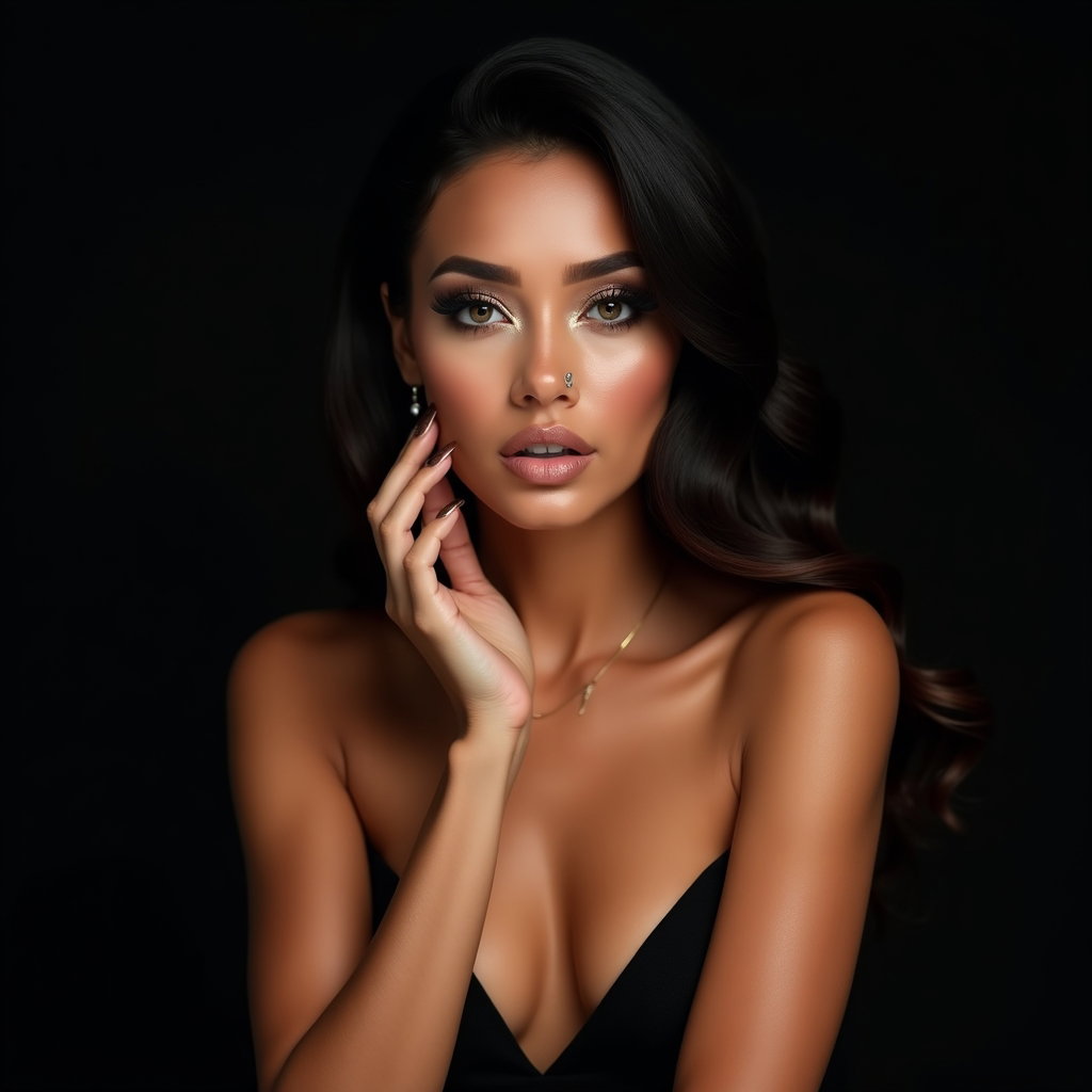 AI-generated photo: Photorealistic beauty studio portrait. Horizontal, cinematic-style composition framed from upper che...