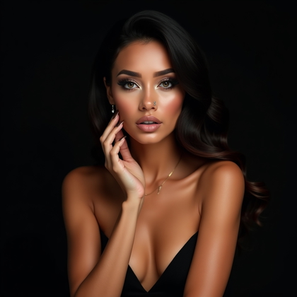 AI-generated photo: Photorealistic beauty studio portrait. Horizontal, cinematic-style composition framed from upper che...