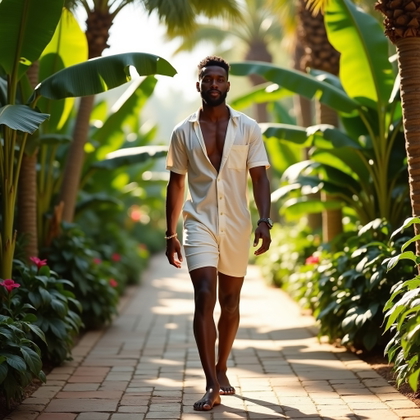 Tropical Garden Walkout Shot example: Photorealistic lifestyle portrait photo, half-body shot on a stone garden path lined with banana leaves and hibiscus, th