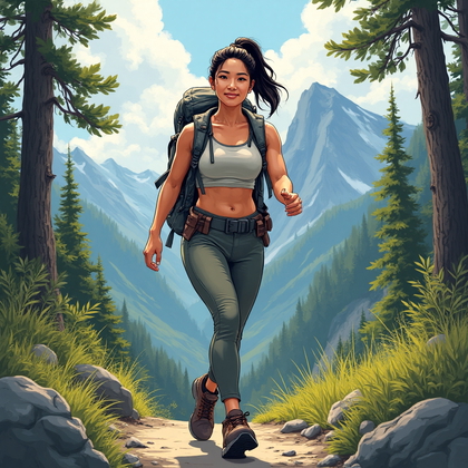 AI-generated photo: **Photorealistic line art profile portrait on a scenic hiking trail, framed by towering trees and ru...