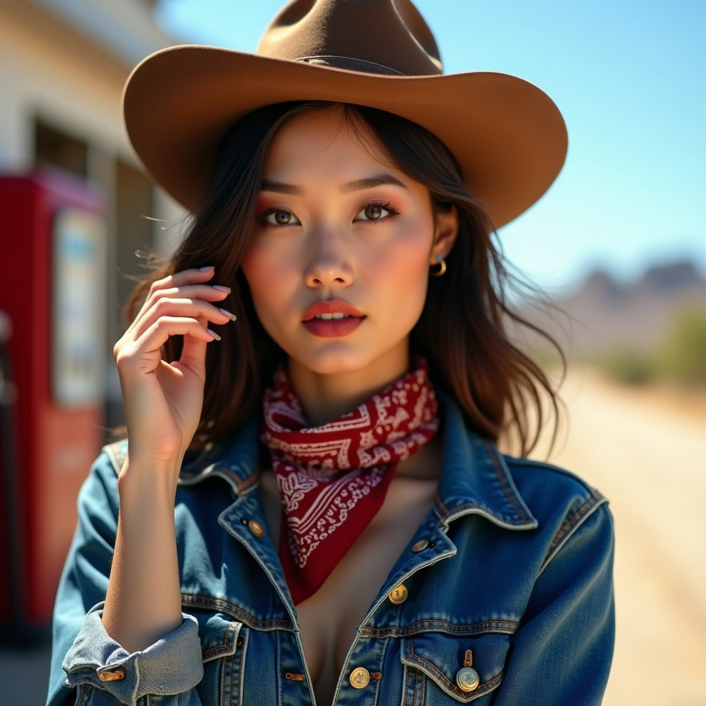 AI-generated photo: Fashion editorial photography, a refined bandana and denim close-up designed for maximum western sty...