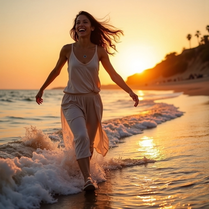 Golden Hour Beach Walk Photo example: Dating profile photo. Motion/action beach walk scene with the subject laughing naturally while moving along the surf, on
