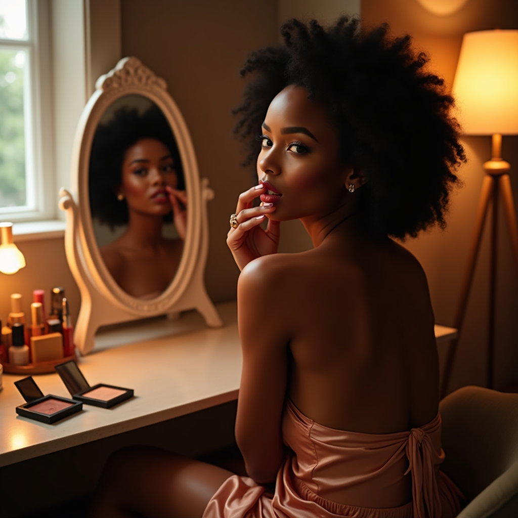 Hair, Lips, and Expression Play example: Photorealistic boudoir photography, a seated vanity scene with the subject angled toward a mirror while turning the face