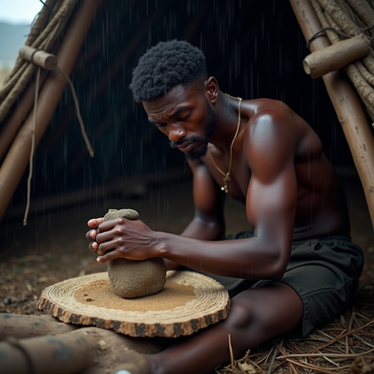 AI-generated photo: Photorealistic documentary photograph under a taut, rain-darkened hide windbreak on open steppe, the...