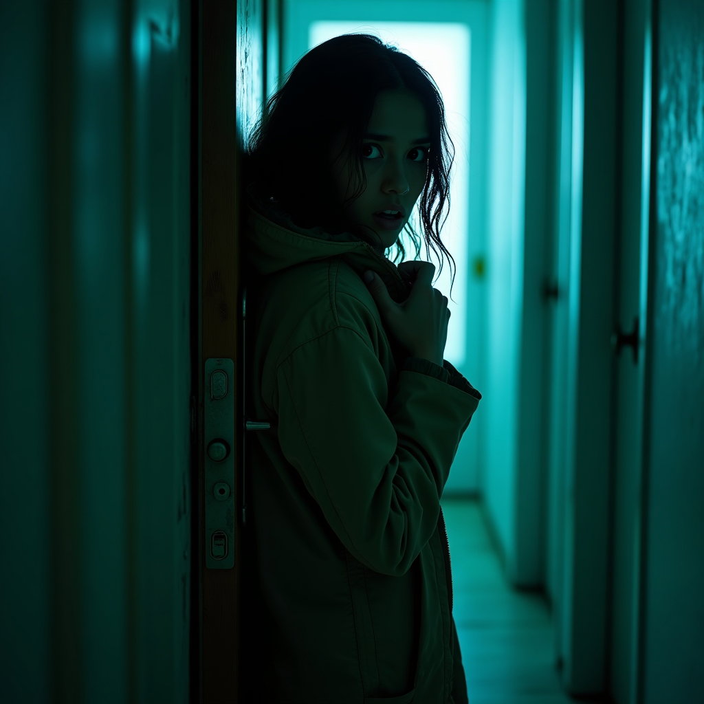 Back-Against-the-Door Panic Pose example: Cinematic horror portrait photo. Tight close-up of a solo subject pressed back against a scratched apartment door, face