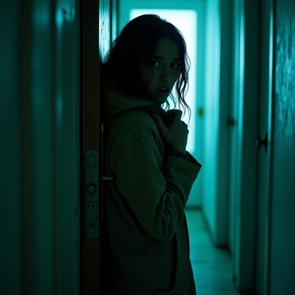 Back-Against-the-Door Panic Pose example: Cinematic horror portrait photo. Tight close-up of a solo subject pressed back against a scratched apartment door, face