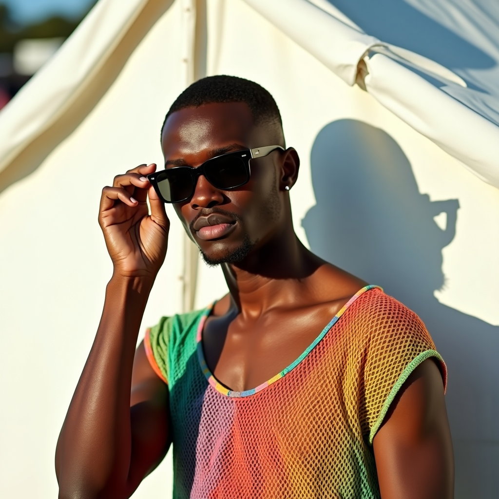 Clean Background Portrait That Doesn’t Get Lost example: Photorealistic festival portrait photography, half-body portrait in front of a clean white tent wall with one bold diago