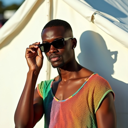 Clean Background Portrait That Doesn’t Get Lost example: Photorealistic festival portrait photography, half-body portrait in front of a clean white tent wall with one bold diago