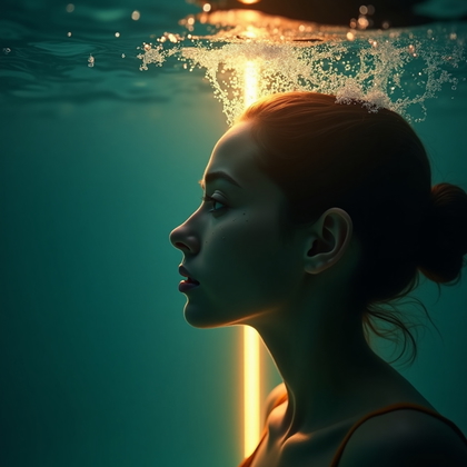 AI-generated photo: Photorealistic underwater portrait photography, a dramatic close-up profile where the subject is swi...