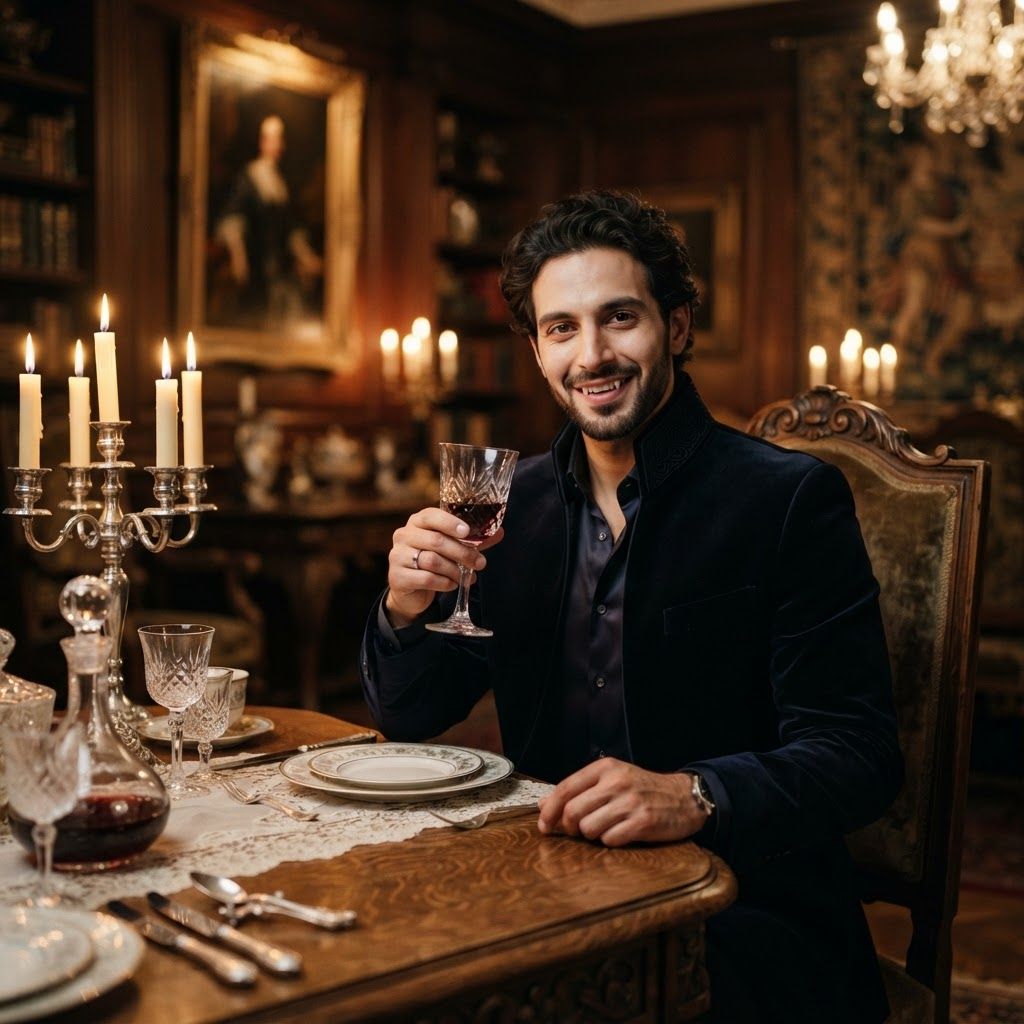 Velvet-Collar Vampire Portrait: Half-length portrait seated alone at an elaborate dining table.