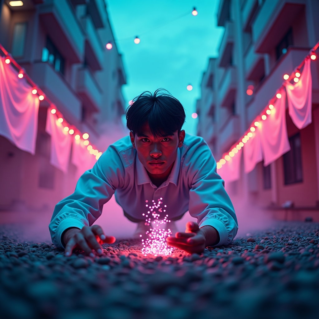 Rooftop Demon Hunt Action Portrait example: Photorealistic cinematic K-pop demon-hunter motion action photo. Capture the hunter sliding across gravel near a rooftop