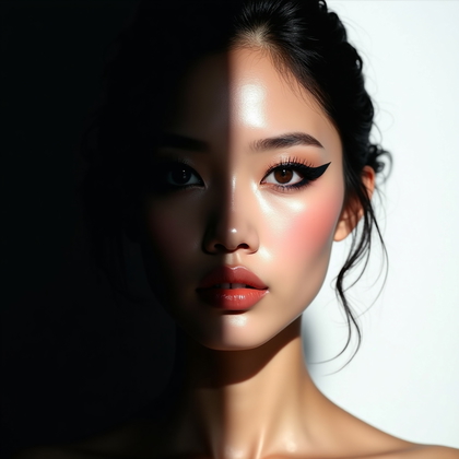 AI-generated photo: Photorealistic editorial beauty photography, close-up from collarbone up with the subject facing the...