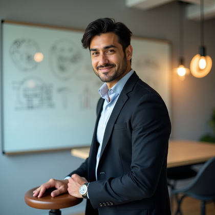 AI-generated photo: Professional headshot: set in front of a clear dry-erase board with faint, abstract marker diagrams ...