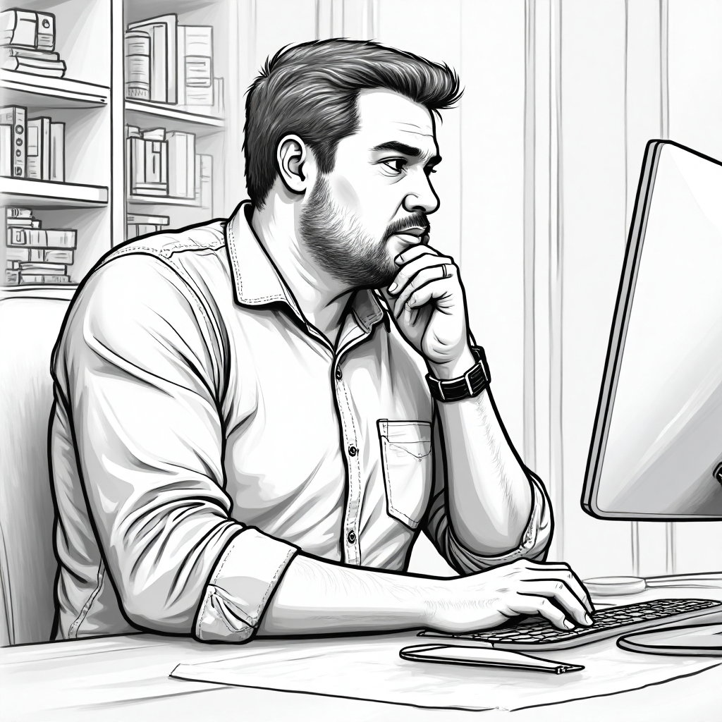 AI-generated photo: Photorealistic line art profile portrait in a stylish home office setting, showcasing a 37-year-old ...