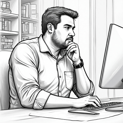 AI-generated photo: Photorealistic line art profile portrait in a stylish home office setting, showcasing a 37-year-old ...