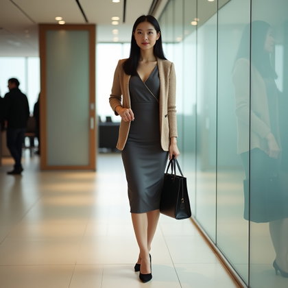 Robe fourreau et cardigan : photo réaliste de style personnel dans un couloir de bureau doucement éclairé, composition en pied.