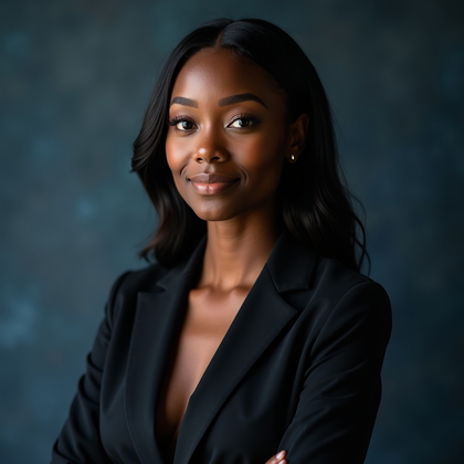 Professional headshot photo against a hand-painted deep charcoal-blue canvas with tonal variation, creating an elevated editorial studio feel. Lighting uses classic Rembrandt shaping with a large soft key, controlled negative fill for crisp cheek and jaw definition, and a slim rim light lifting the shoulders from the backdrop. Framed from mid-chest upward in refined corporate attire, the subject holds calm confidence with unwavering eye contact.