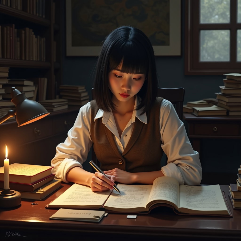 Candlelit Desk: Seated three-quarter personal portrait at a cluttered dark wooden desk in a candlelit study corner, rolled white shirtsleeves under a brown…