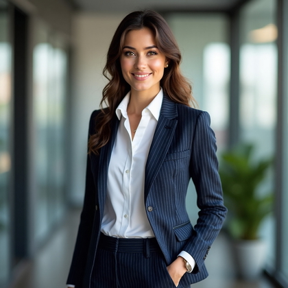 AI-generated photo: LinkedIn photo featuring a subject wearing a sleek, fitted navy blue blazer with subtle pinstripes t...