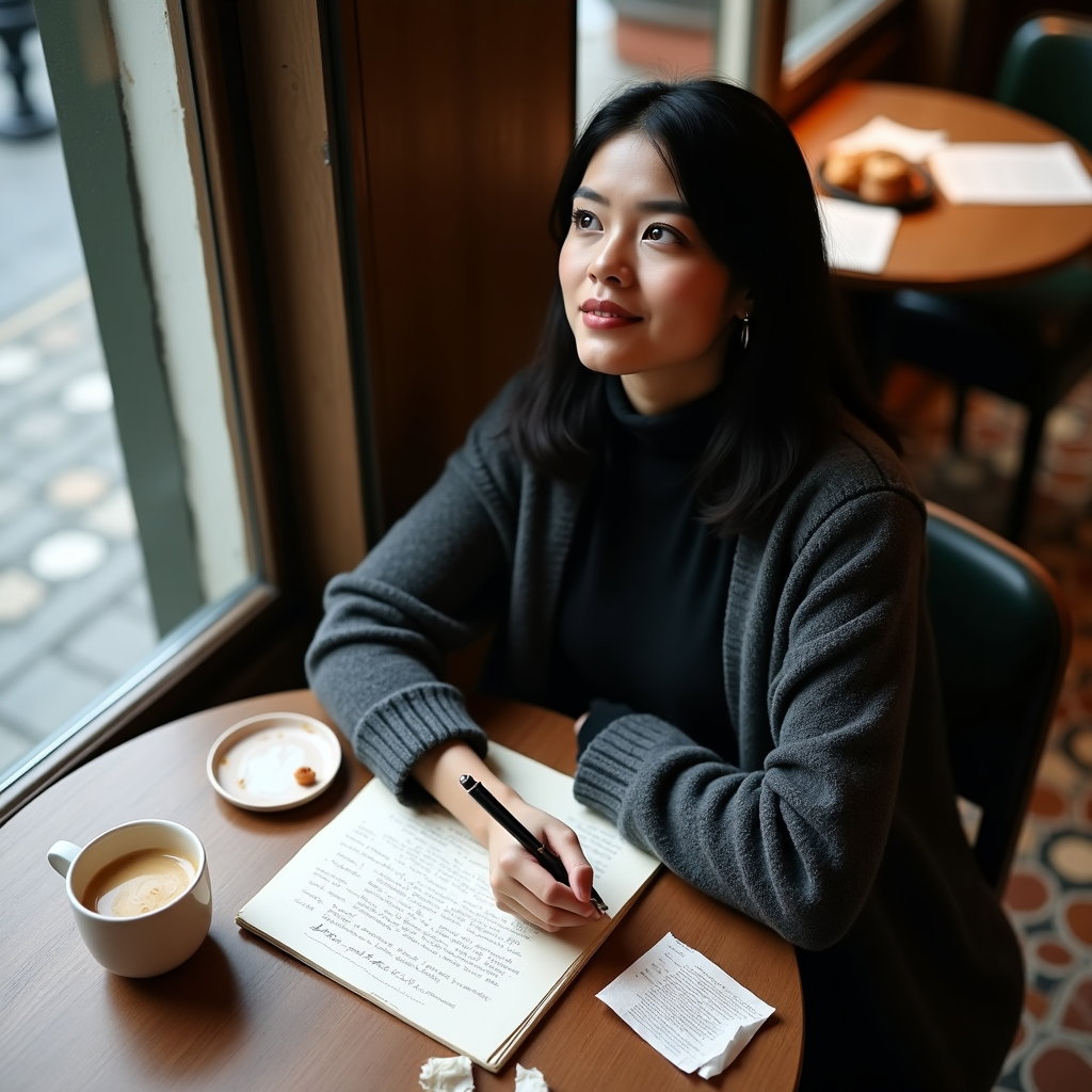 Coffee-and-Notes Corner: High-angle candid personal photo of one visible person at a tiny round café table, wearing a dark turtleneck under a chunky charcoal…