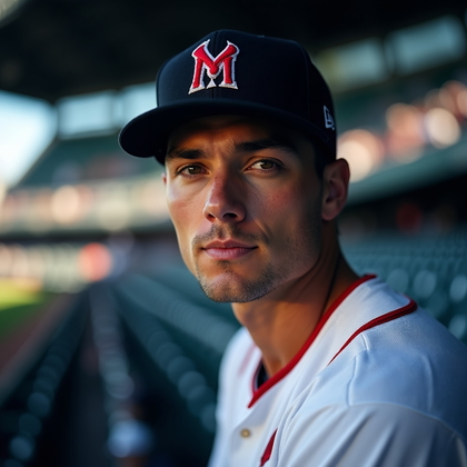 AI-generated photo: Photorealistic sports portrait photo of a pro baseball star on the dugout’s top step with the cap br...