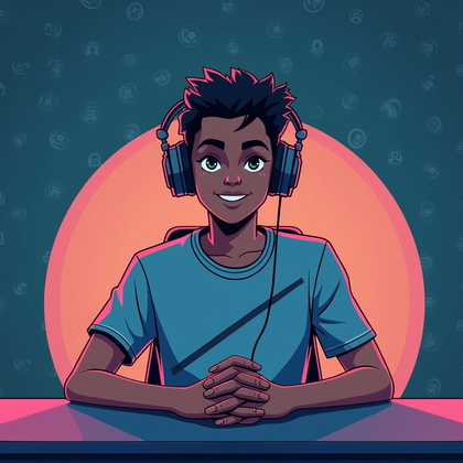 AI-generated photo: Stylized digital illustration portrait. The character is depicted in a seated, mid-torso composition...