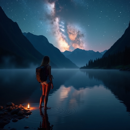 AI-generated photo: Photorealistic romantic nightscape portrait of a traveler standing ankle-deep at the edge of a calm ...