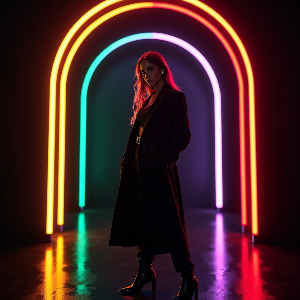 Nighttime Neon Pride Portraits With Club-Inspired Color example: Photorealistic portrait photography. Editorial hero portrait with the subject posed confidently in the center of a minim