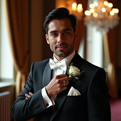 AI-generated photo: Photorealistic wedding photography inside a grand historic venue with crystal chandeliers and velvet...