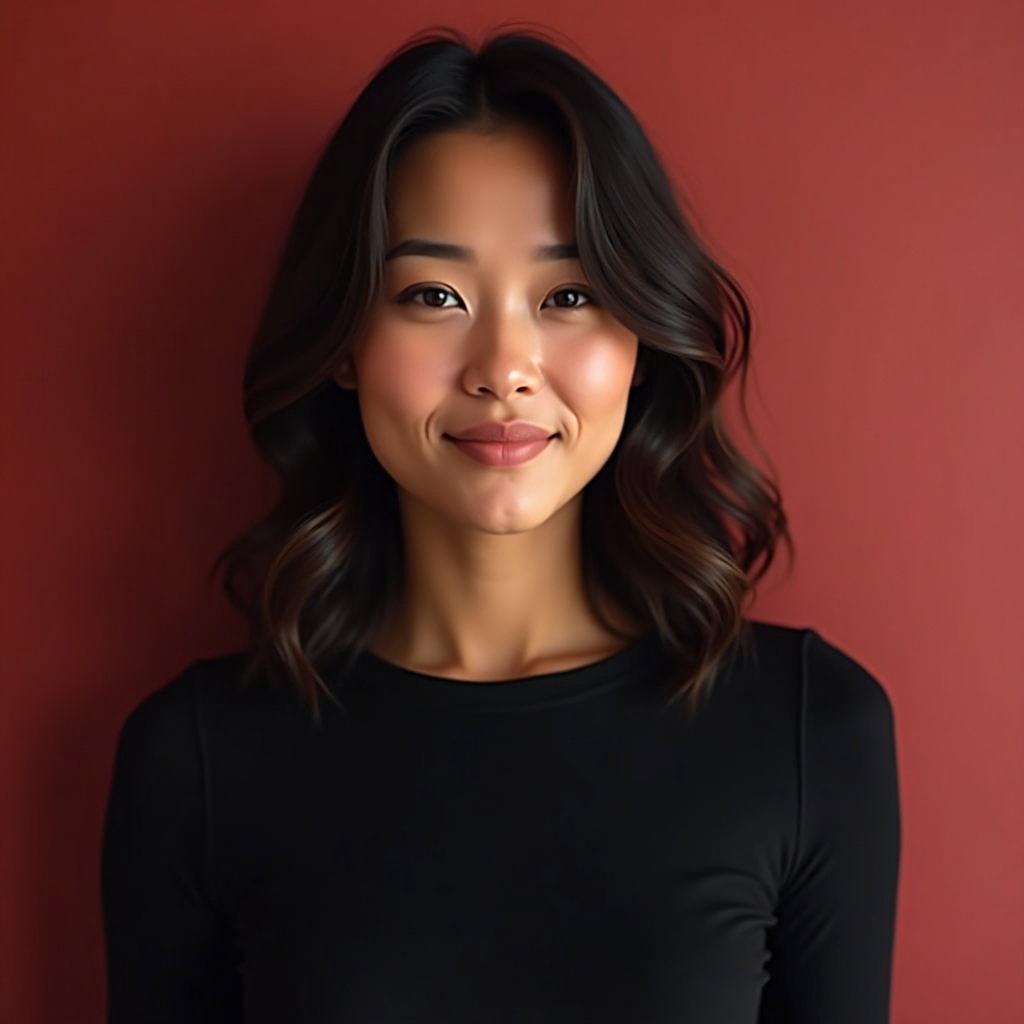 Simple Crimson Wall Half-Body Portrait example: Dating profile photo. Square profile/avatar crop against a clean crimson wall, framed from upper chest to head with dire