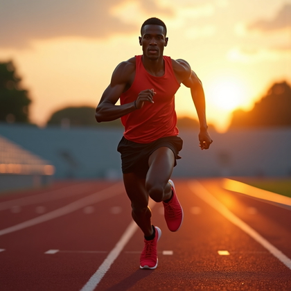 AI-generated photo: Photorealistic fashion sports photography of an Olympic-style sprinter captured mid-stride on a red ...
