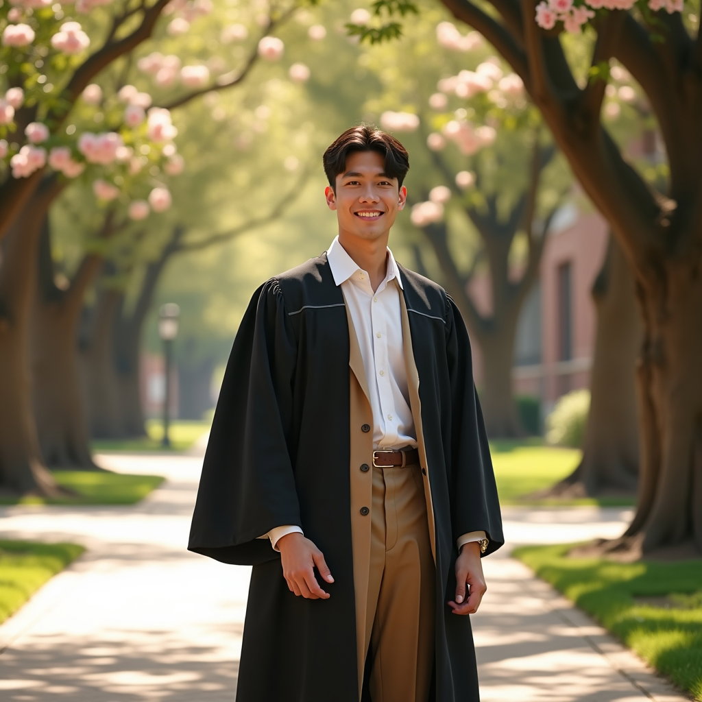 AI-generated photo: Photorealistic fashion photography, a sun-drenched graduate portrait set on a quiet campus walkway l...