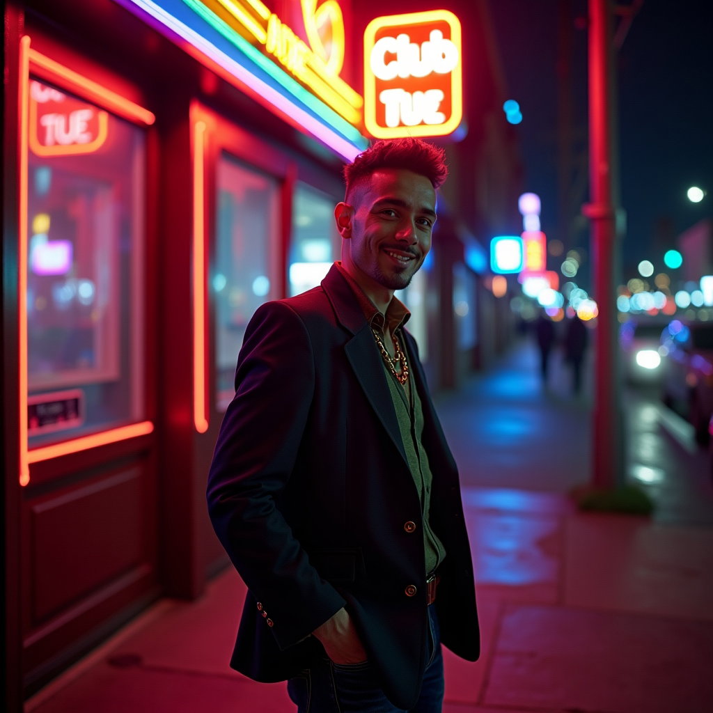 Nighttime Neon Pride Portraits With Club-Inspired Color example: Photorealistic portrait photography. Environmental portrait of the subject standing outside a neon-lit club entrance at
