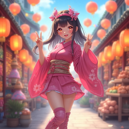 AI-generated photo: Anime cosplay photo of a character dressed in a vibrant, stylized outfit composed of a short kimono ...
