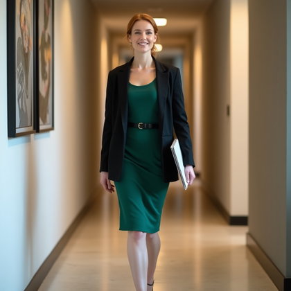 Robe fourreau et cardigan : concept de photo personnelle en pied dans un couloir doucement éclairé, bordé d’œuvres discrètes.
