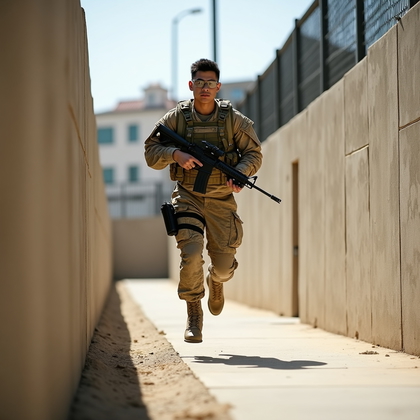 AI-generated photo: Photorealistic action photography. A military member in full battle rattle is captured leaping from ...