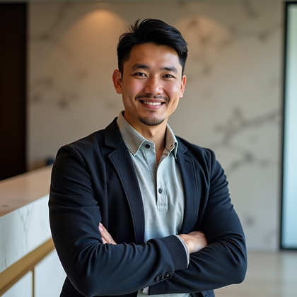 AI-generated photo: Professional headshot photograph in an executive reception area featuring a honed marble wall with u...