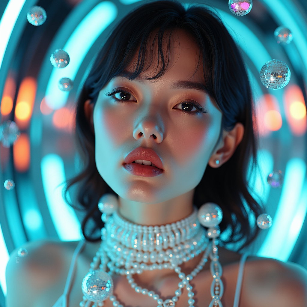 Glam Pop Diva Beauty Album Cover Photos example: Photorealistic surreal glam pop album cover photo. Show the subject inside a futuristic chrome-and-mirror set with float