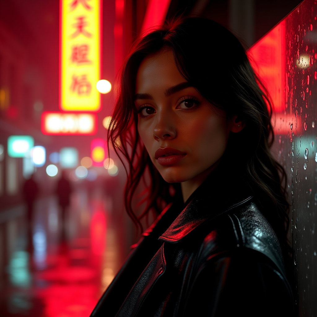 Rainy Night Street Vamp Portrait example: Dating profile photo, photorealistic close-up portrait on a rain-slick city street at night, with the face clearly visib